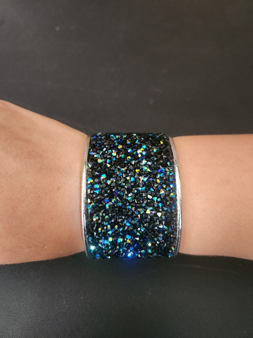 Thick Silver Tone Cuff Bracelet with Black & Blue Iridescent Stones